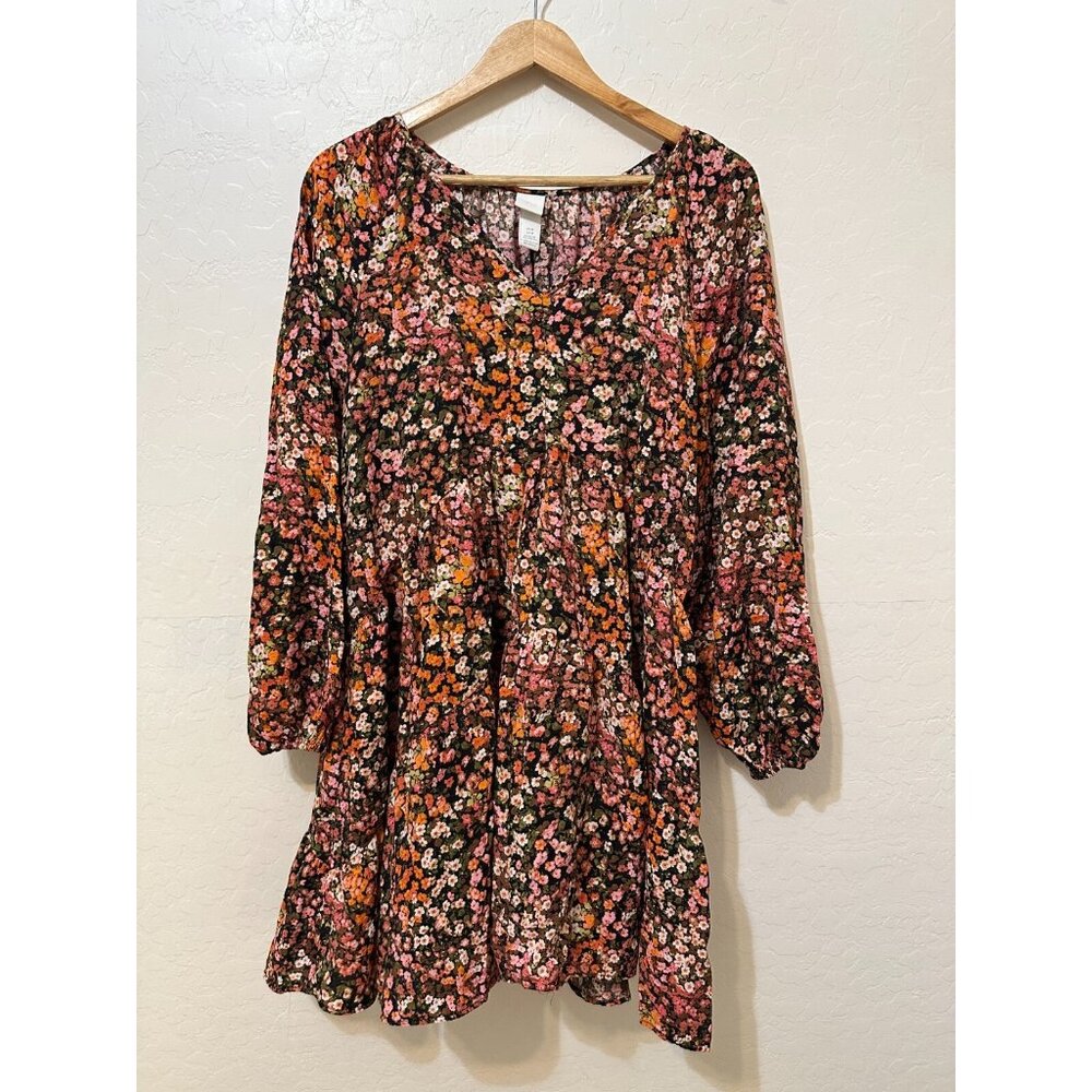 H&M Womans Floral Tiered Mini Dress Cottagecore Beachy Boho Size M Peasant Puff